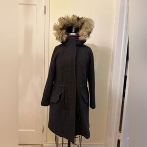 80% wool Madewell Charcoal Pea Coat with removable Faux Fur Hood
